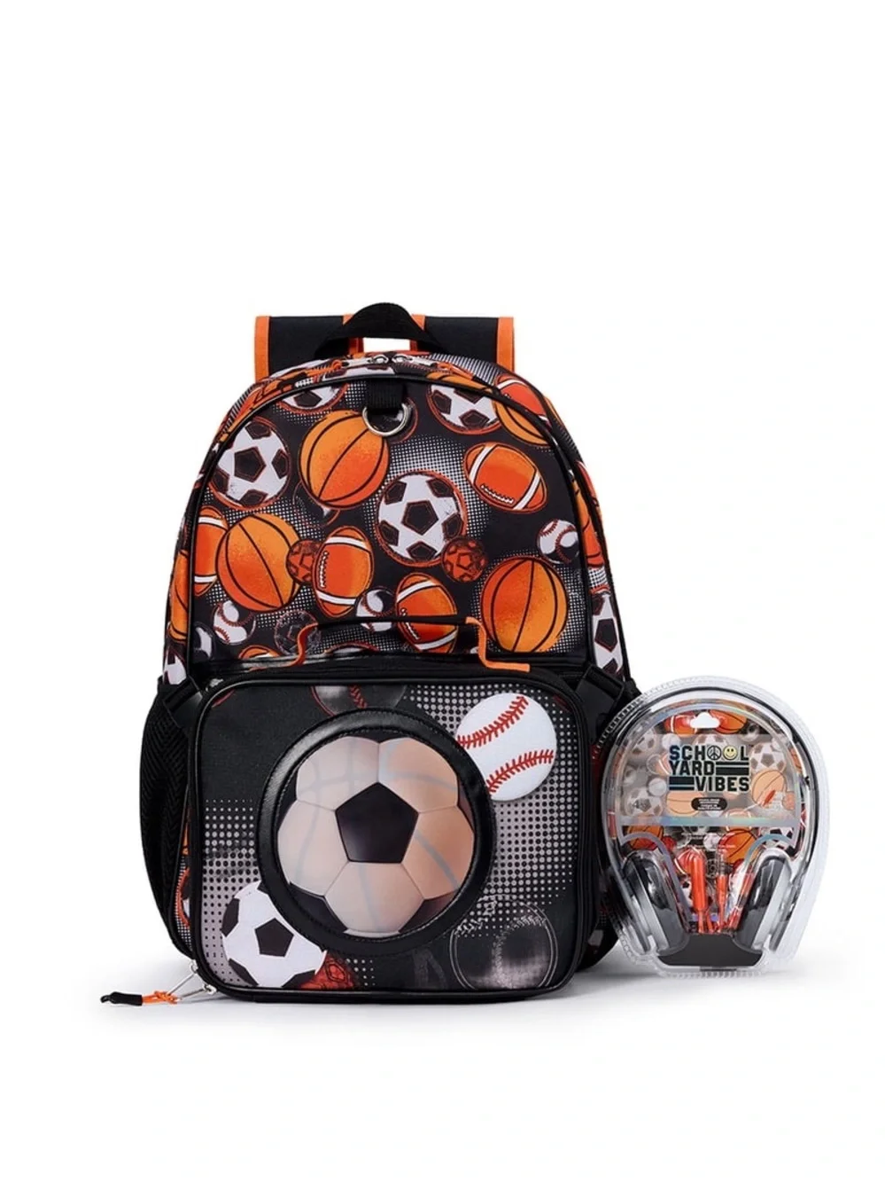 Kids Sports Ball Backpack with Headphones - Black & Orange W4